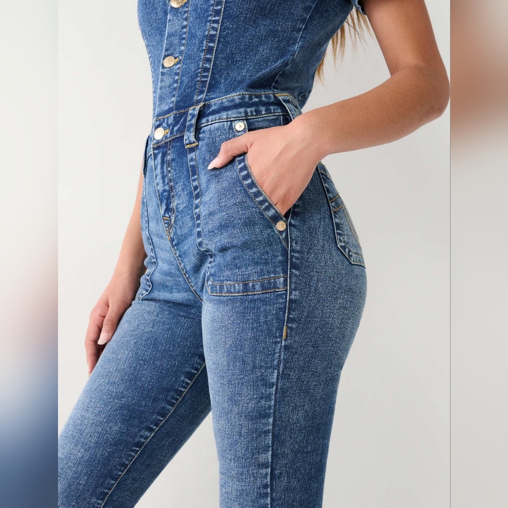 TRUE RELIGION DENIM FLARE JUMPSUIT SIZE SMALL COLOR GHOST WAVE - Picture 5 of 16